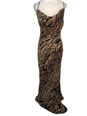 NWT Good American Small Animal Print Warped Leopard Maxi Slip Dress Brown Black